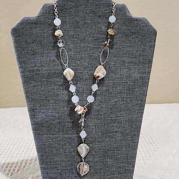 Abalone Shell Clear Glass Bead and White Bead Y Lariat Style Gold Necklace - Picture 5 of 11